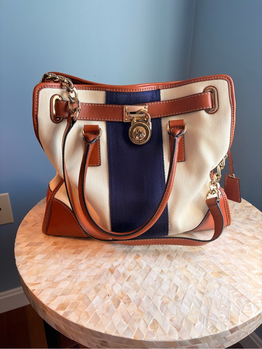 MICHAEL Michael Kors Navy, Cream & Brown Canvas Tote with Leather Trim